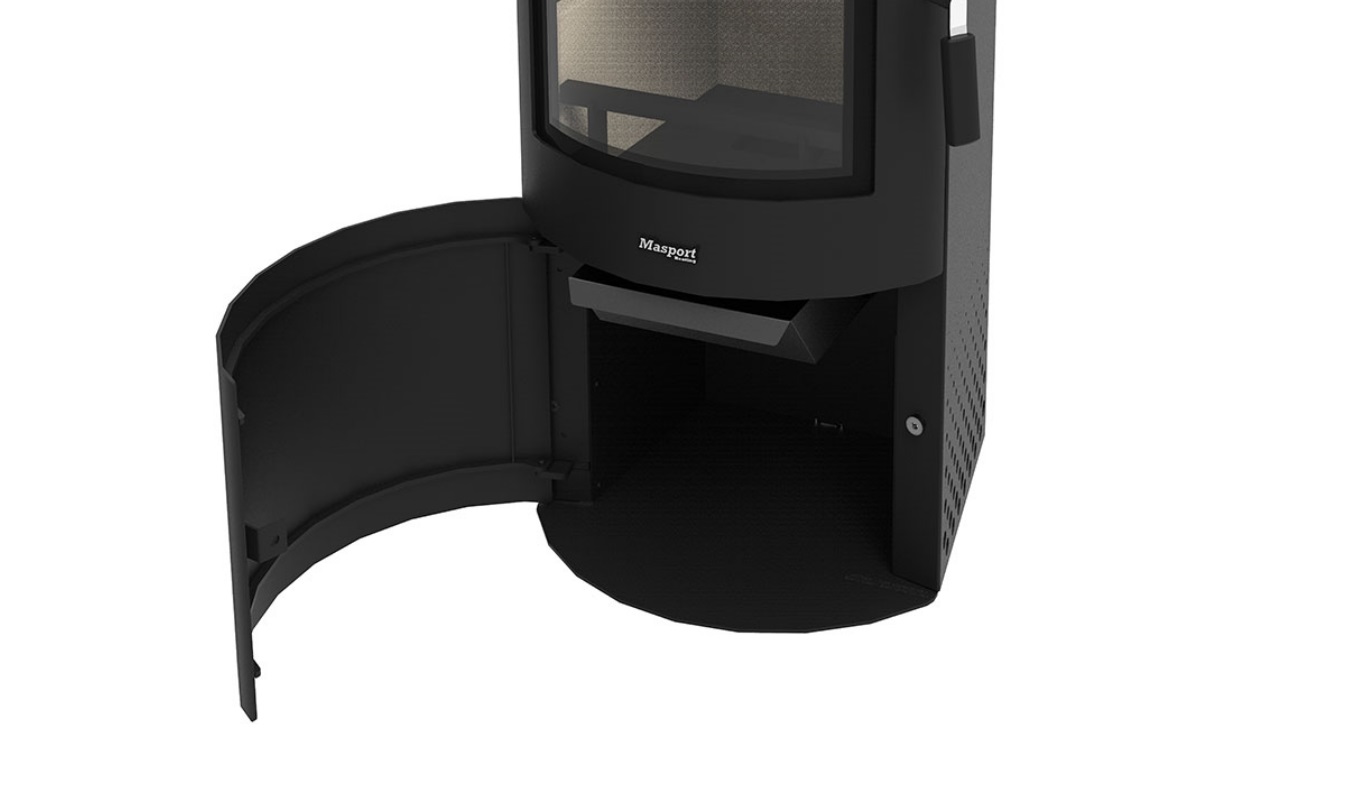 masport akaroa freestanding radiant wood burner with ash pan close up